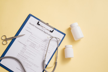 medical form with different medicaments, doctor's stethoscope