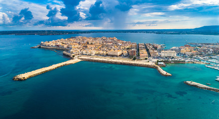 Aerial. Ortigia a small island which is the historical centre of the city of Syracuse, Sicily. Italy. © mariusltu