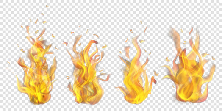 Set of translucent burning campfires on transparent background. For used on light backdrops. Transparency only in vector format