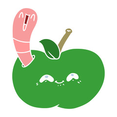flat color style cartoon worm in happy apple