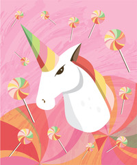 Fantasy sly unicorn head, lollipops and twirls illustration for girls.