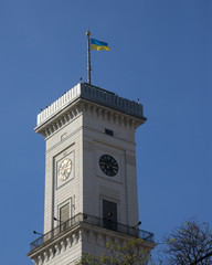 Yellow-blue flag of Ukraine on the building. Lviv, Ukraine