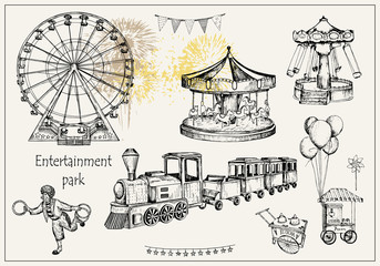 Vector sketch illustration. Pen style vector objects. Entertainment park set : carousel, ferris whee, swing, popcorn machine, ice cream, flags, balloons, train, firework