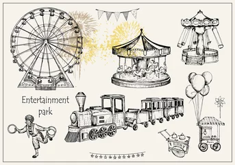 Fotobehang Vector sketch illustration. Pen style vector objects. Entertainment park set : carousel, ferris whee, swing, popcorn machine, ice cream, flags, balloons, train, firework © Milana
