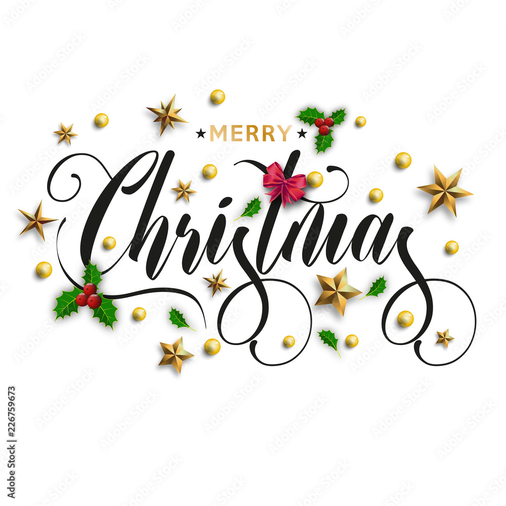 Sticker merry christmas inscription decorated with gold stars, beads and mountain ash. vector illustration.