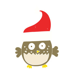 flat color illustration of a cartoon owl wearing christmas hat