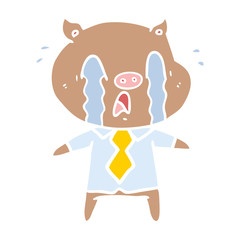 crying pig flat color style cartoon wearing human clothes