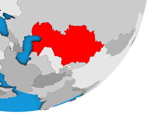 Kazakhstan on blue political 3D globe.