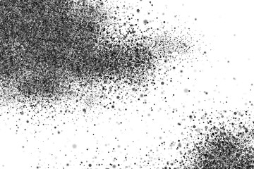 Black grainy texture isolated on white background. Abstract dust explosion, overlay element for retro or grunge style