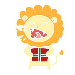 flat color style cartoon roaring lion with gift