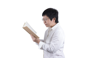 Asian Middle-aged woman in white shirt wearing eyeglasses having vision problems in reading isolated on white background , eyesight concept