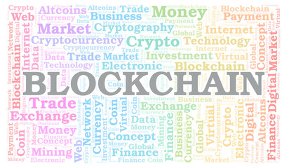 Blockchain cryptocurrency coin word cloud.