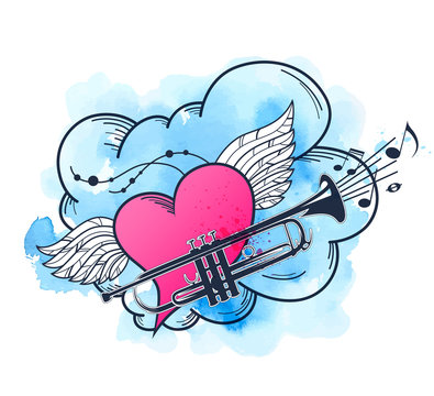 Musical background with heart and trumpet.