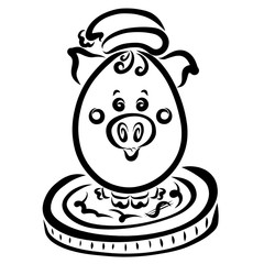 Obraz premium Piglet in the shape of an egg in a hat sits on a large coin