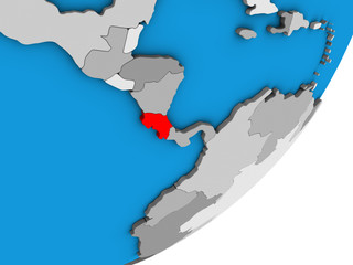 Costa Rica on blue political 3D globe.