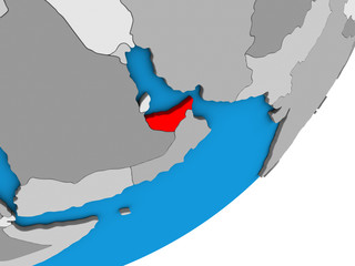 United Arab Emirates on blue political 3D globe.