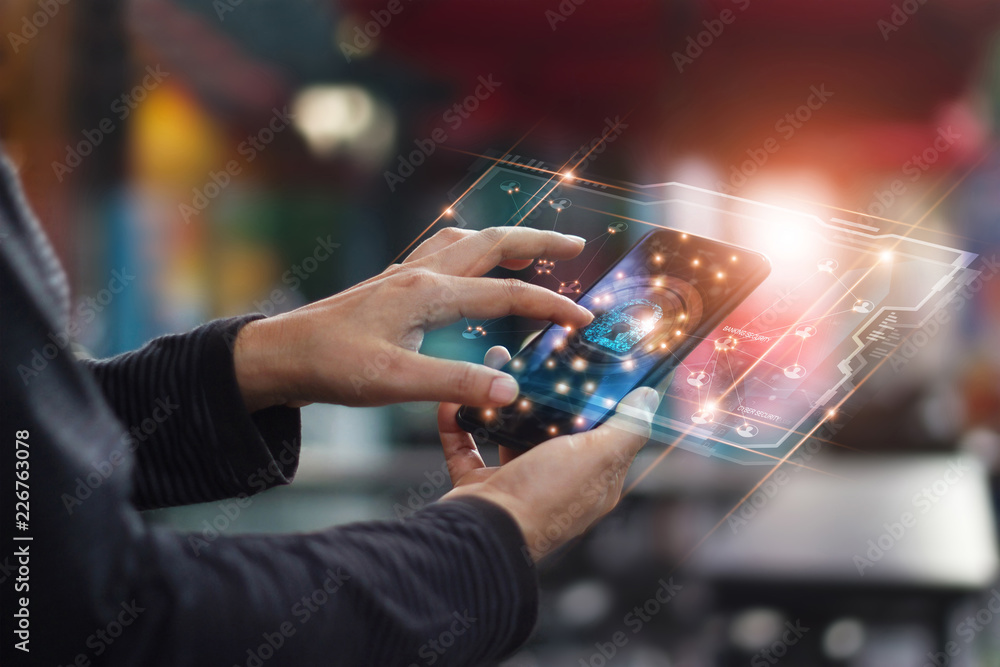 Poster Cyber security. Data protection concept. Banking security. Hands touching digital icon padlock and network connection on mobile smartphone, virtual interface screen.