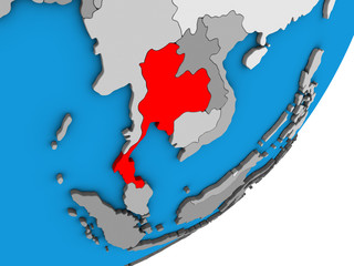 Thailand on blue political 3D globe.