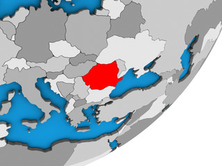 Romania on blue political 3D globe.