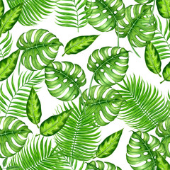 Seamless watercolor pattern with tropical leaves. Element for design.