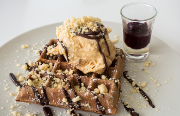 Ice cream and waffles with chocolate