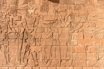 Nubian egyptian gods. Egyptian inscriptions and mural drawing, ancient Nubian kingdom art. Sudan Naga, Meroe, Kerma, Kerima. Sahara desert in Sudan near Nile river