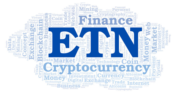 ETN or Electroneum cryptocurrency coin word cloud.