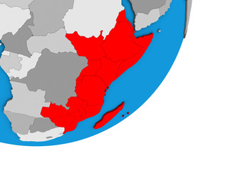 East Africa on blue political 3D globe.
