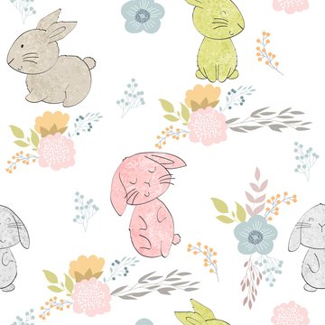 Vector seamless pattern with cartoon cute bunnies