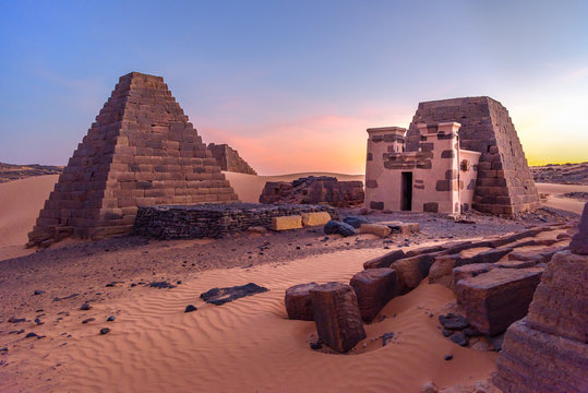 Pyramids of Meroe, Sudan. Meroë is an ancient desert pyramid city, east bank of the Nile near Shendi, Sudan, approximately 200 km north-east of Khartoum in the desert