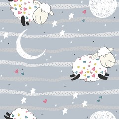 Seamless pattern with funny sheep and moon. Sweet dreams.