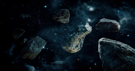 Naklejka premium Meteorites in deep space planets. Asteroids in distant solar system. Science fiction concept.