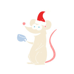 flat color illustration of a cartoon mouse wearing christmas hat