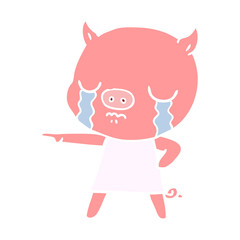 flat color style cartoon pig crying pointing