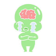 flat color style cartoon big brain alien crying