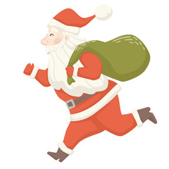 Run Santa Claus with bag scandinavian card. Christmas and New year character.