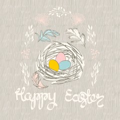 Cute Easter greeting card with bird nest and eggs.