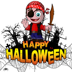 Happy Halloween Design template with Pirate on white isolated background. Vector illustration.