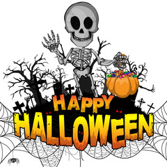 Happy Halloween Design template with skeleton on white isolated background. Vector illustration.