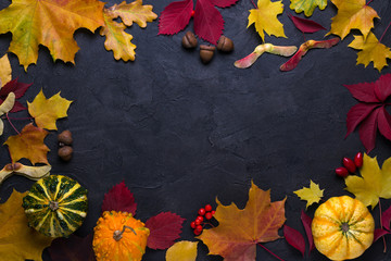 Frame with autumn maple leaves. Nature fall template for design, menu, postcard, banner, ticket, leaflet, poster. On a dark background