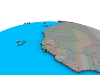 Gambia with embedded national flag on political 3D globe.