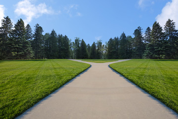 Fototapeta na wymiar walk path ,green grass on blue sky background