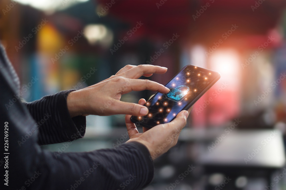 Poster Human touching technology global networking security information safety and encryption with key padlock icon on virtual screen smartphone , Data protection and cyber security network concept