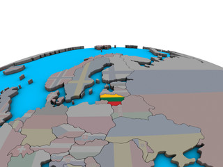 Lithuania with embedded national flag on political 3D globe.