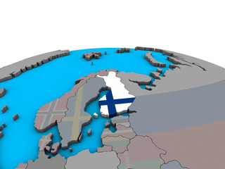 Finland with embedded national flag on political 3D globe.
