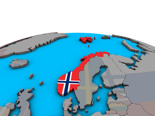 Norway with embedded national flag on political 3D globe.