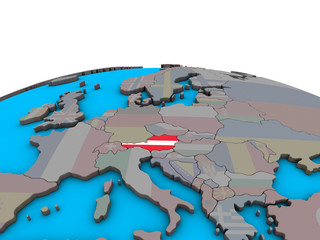 Austria with embedded national flag on political 3D globe.