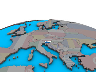 Slovenia with embedded national flag on political 3D globe.