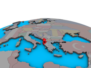 Albania with embedded national flag on political 3D globe.