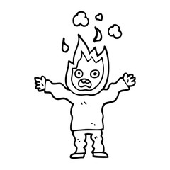 line drawing cartoon man with head on fire